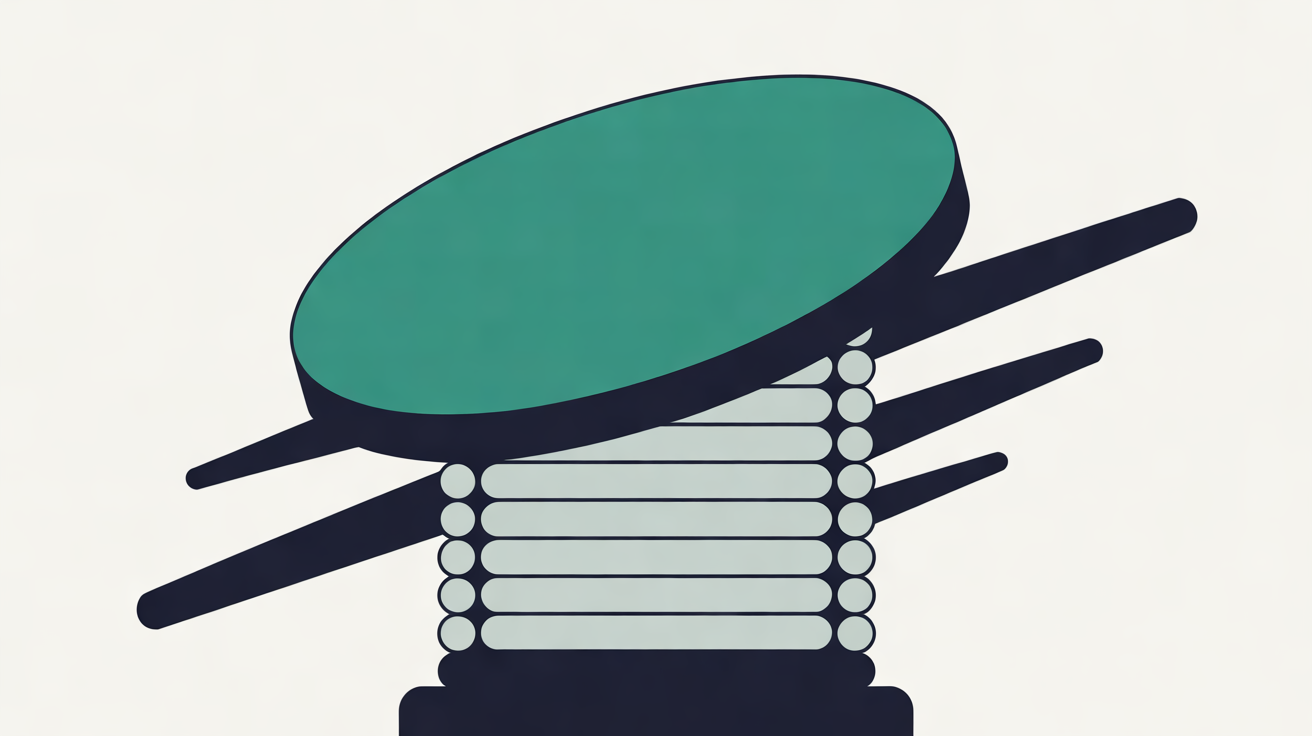 Flat illustration of a large teal oval disc resting on top of a stack of pale grey rounded bars, crossed by navy diagonal strokes on an off-white background