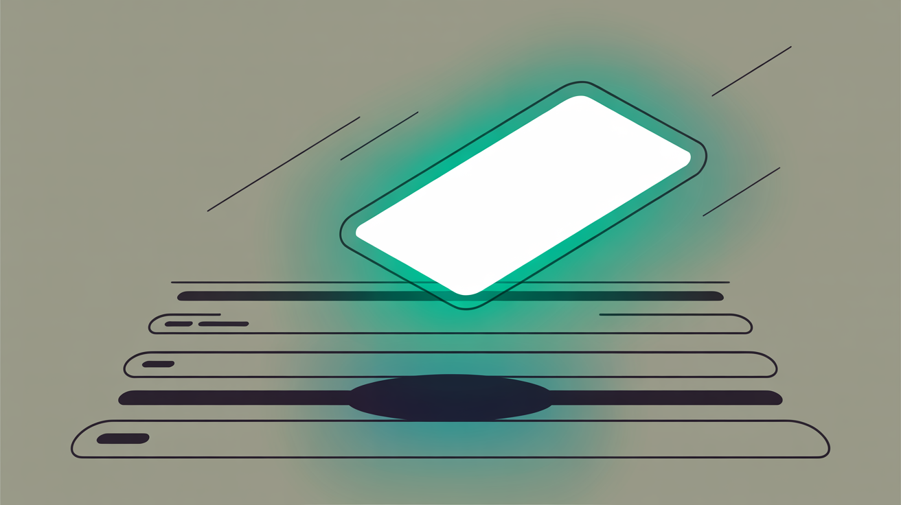 Abstract flat illustration of a glowing AI summary panel sitting above a simplified list of search result links, with teal connecting lines showing information flowing from source documents into the summary, warm stone grey background, minimal, no text