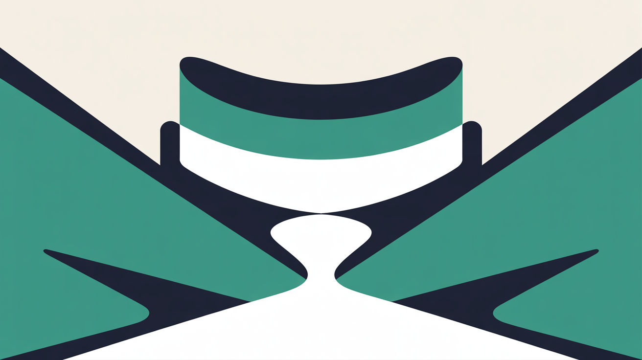 Abstract flat illustration of information filtering through an AI layer before reaching a destination, teal accent on warm stone grey background, minimal