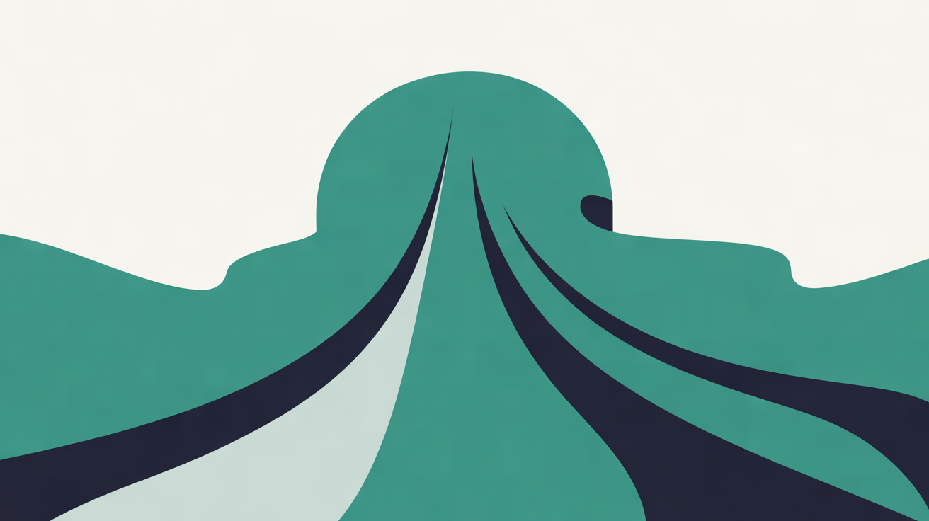 Curving teal and navy bands sweeping upward into a single rounded teal hill, with one band faded to pale grey, on an off-white background