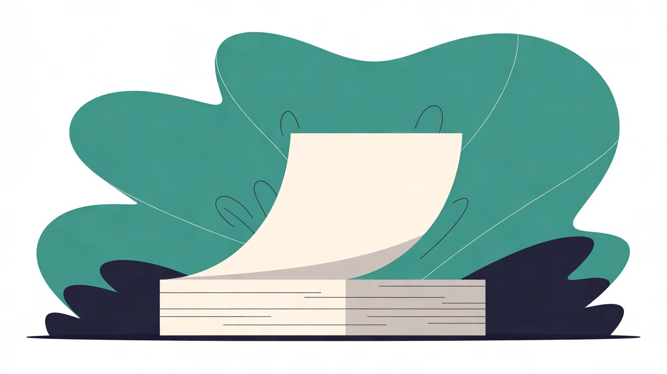 A neat stack of cream pages with the top sheet curling upward in front of a large teal cloud shape and dark navy foliage, on an off-white background