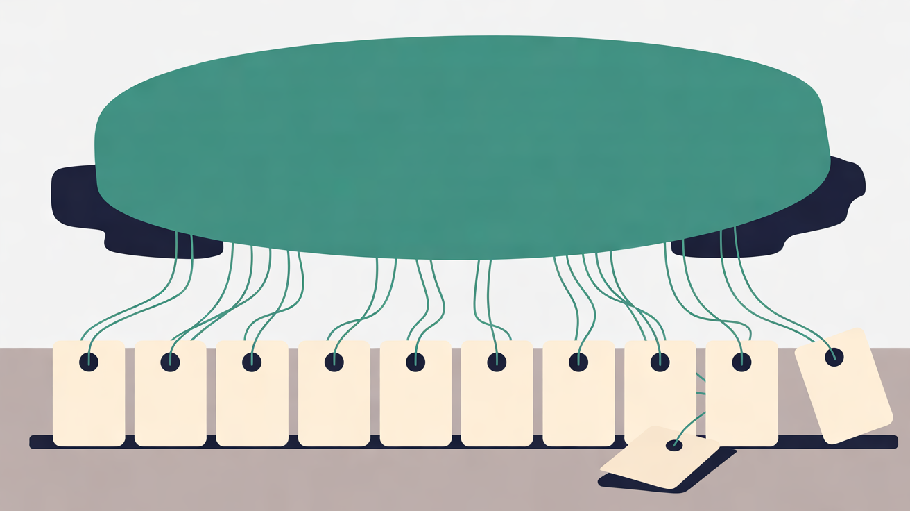 Flat illustration of a large teal oval suspended above a row of cream tag-shaped cards, thin teal threads linking each card to it while one card has fallen loose below the row, on a warm grey background
