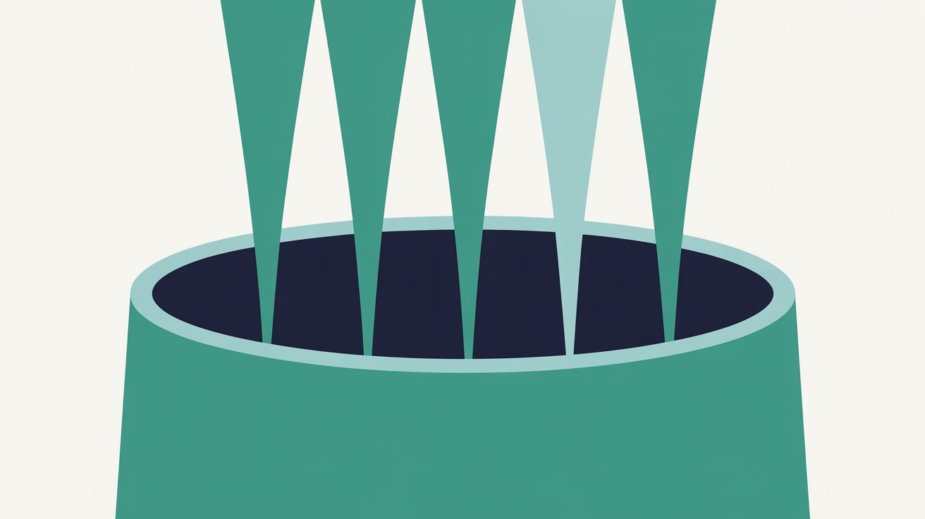 Flat illustration of five tapered teal shapes flowing down into a single open vessel, one of them a lighter shade