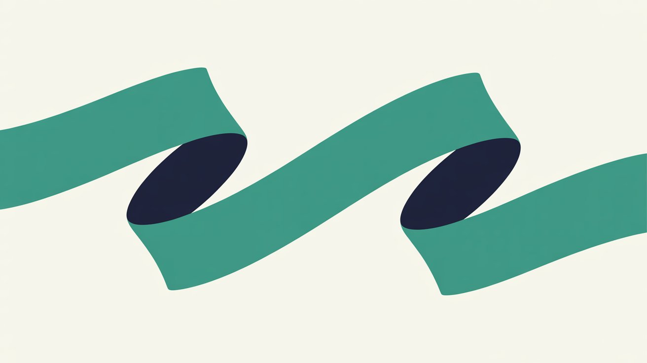 A single teal ribbon folding and twisting across an off-white background, its navy underside showing at each fold
