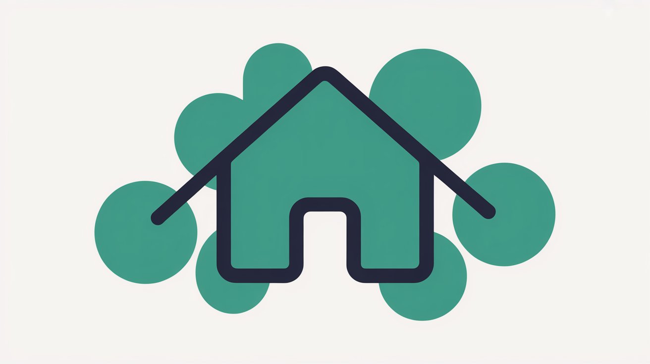 Flat illustration of a navy house outline drawn over a cluster of overlapping teal circles on an off-white background