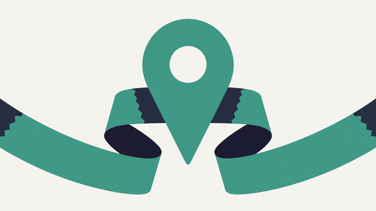 Flat illustration of a teal map pin standing over two teal ribbons with navy undersides curving in from either side on an off-white background