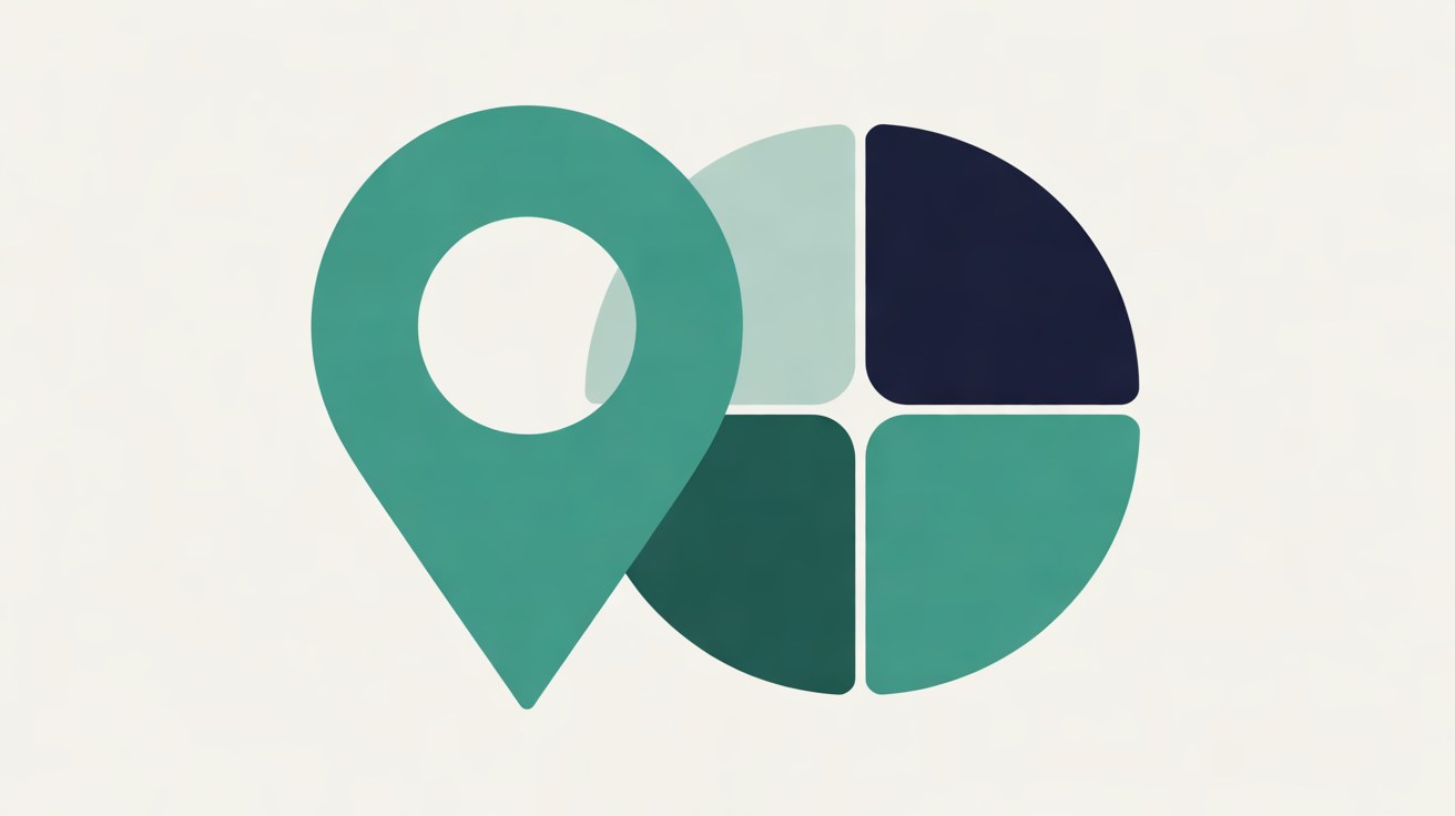 Teal map pin beside a circle split into four teal and navy segments on a warm off-white background