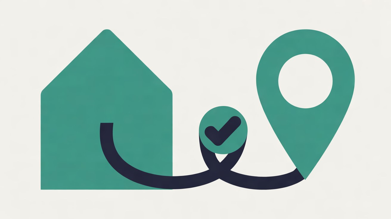 Teal house shape linked by a navy line through a check mark to a teal map pin