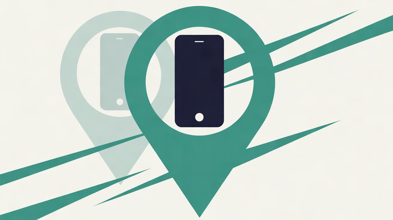 Teal map pin holding a navy phone icon in front of a faded duplicate pin, crossed by diagonal teal lines