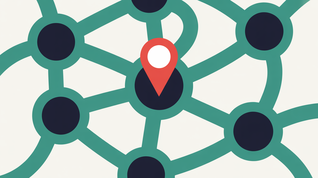 Abstract illustration showing interconnected nodes with a central map pin, suggesting local search connections in teal and warm grey