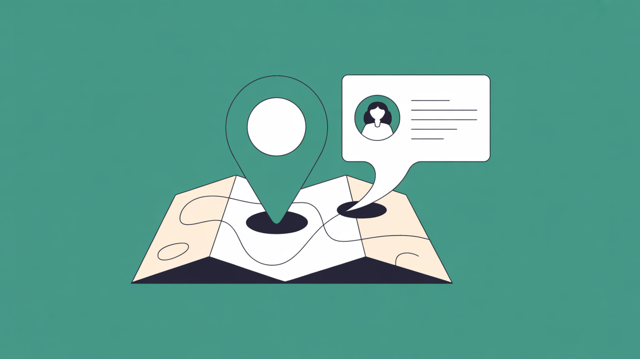 Abstract illustration of a glowing map pin connected to a profile card with teal lines on a warm grey background