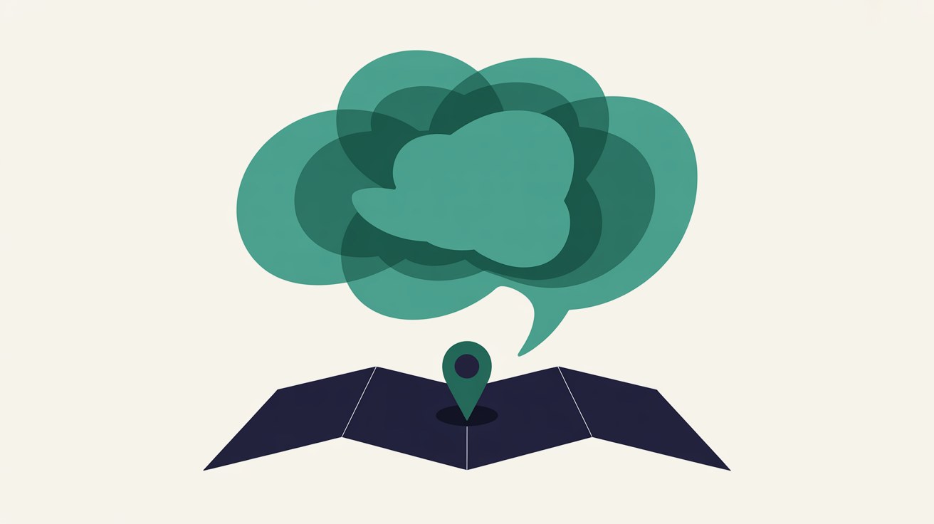 Flat illustration of a cloud-shaped teal speech bubble built from layered translucent shapes floating above a small teal map pin on a folded navy map