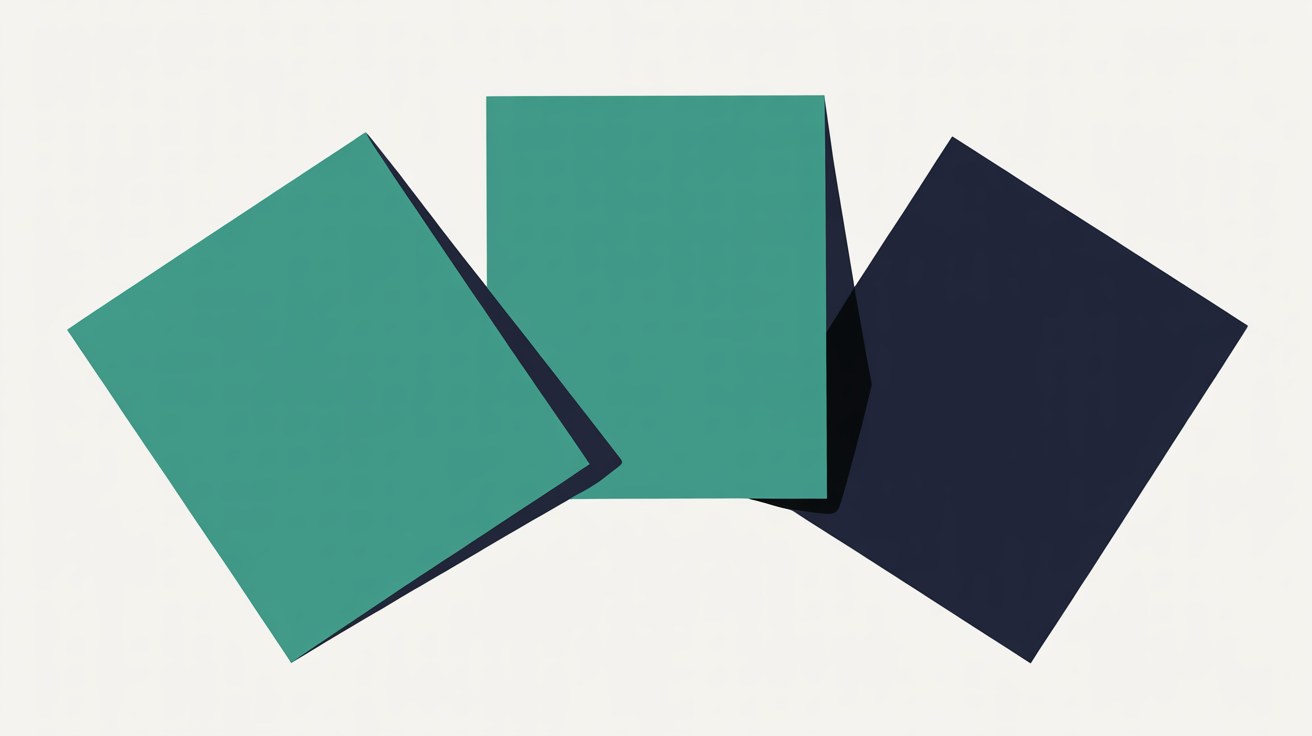 Three flat panels, two teal and one navy, fanned out and overlapping on a warm off-white background