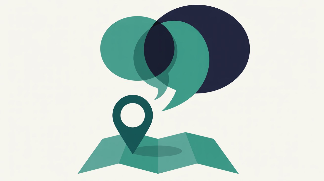 Flat illustration of a teal map pin on a folded teal map with overlapping teal and navy speech bubbles rising above it on an off-white background