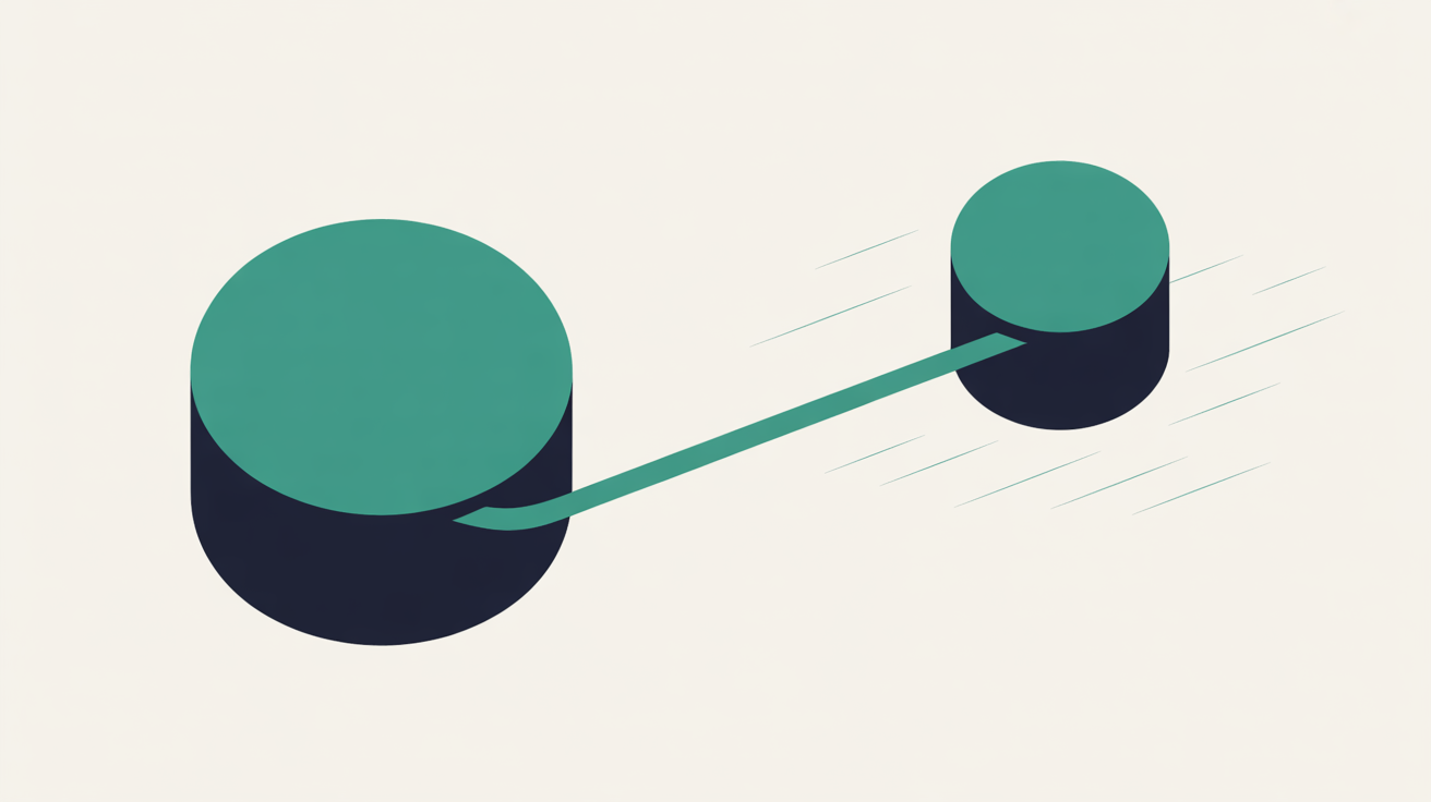 Flat illustration of one stable teal anchor shape connected by a thin line to a smaller shape drifting away on diagonal currents, warm stone-grey background