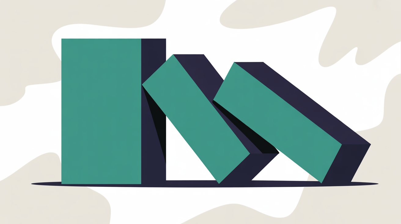 Bold flat illustration of a single solid teal block standing apart from a cluster of shifting fragmented diagonal shapes, on a warm stone-grey background