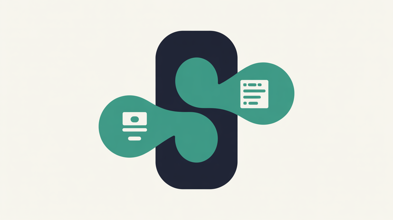 Abstract flat illustration of a mobile device shape with soft teal connection lines on a warm stone grey background