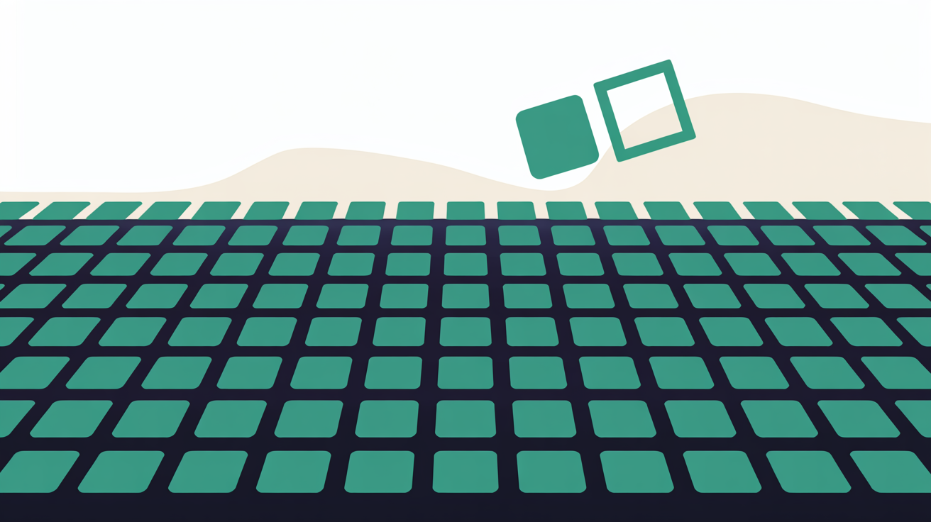 Abstract flat illustration of a uniform grid of teal squares with one square tilted and raised above the grid on a warm grey background