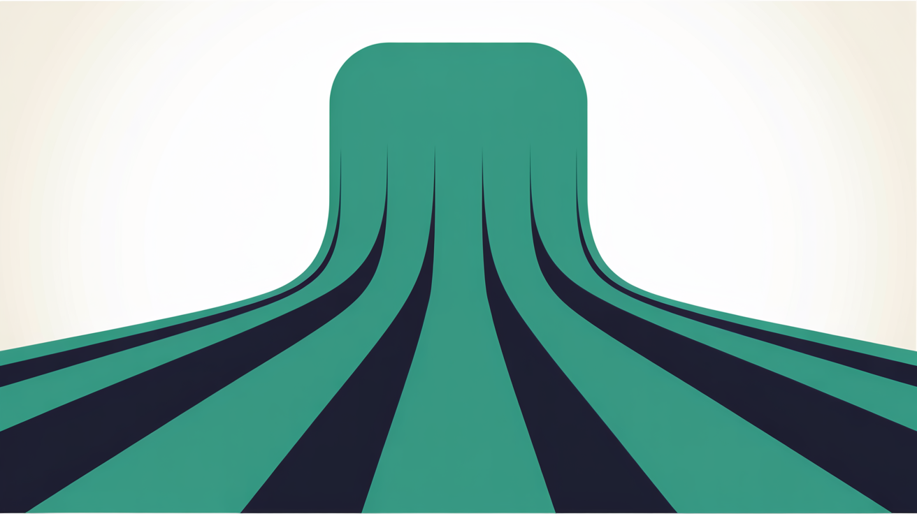 Flat illustration of flowing teal lines converging and rising upward into a single rounded shape on a warm grey background