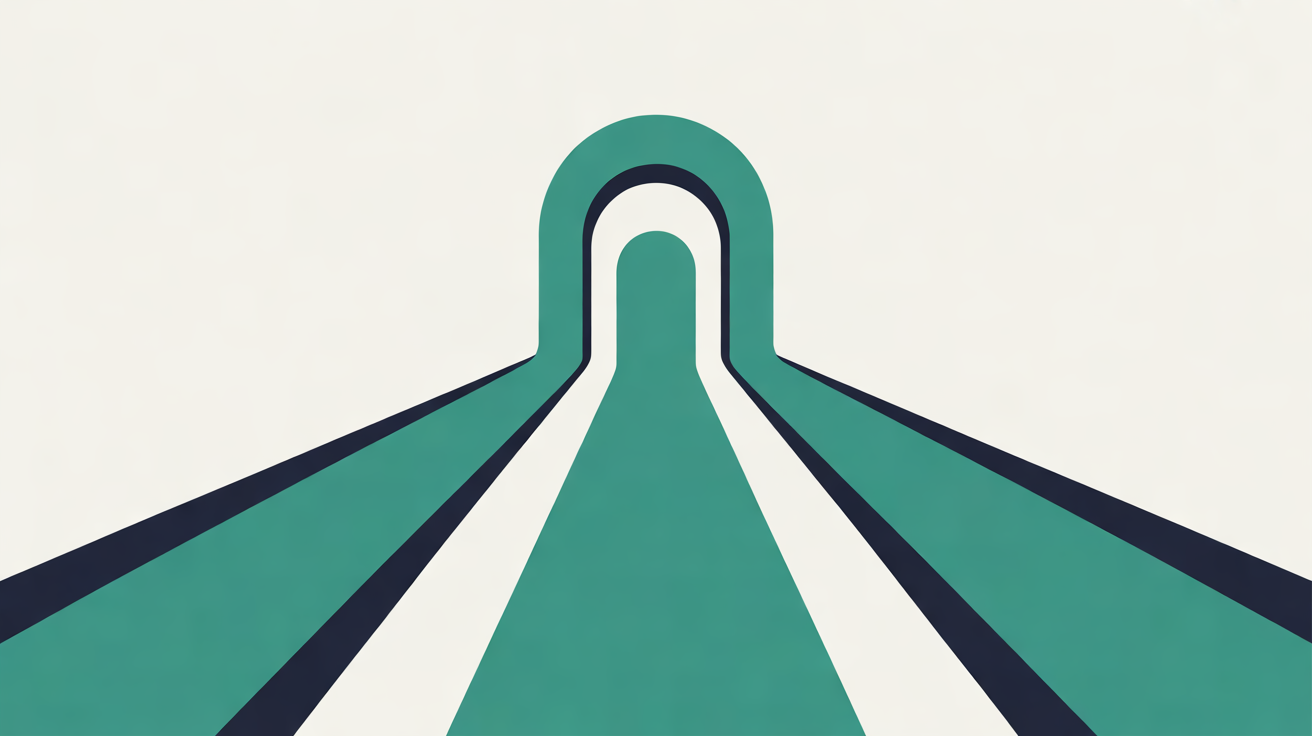 Three teal paths of different widths with navy edges converging on a single teal arched doorway against a warm off-white background