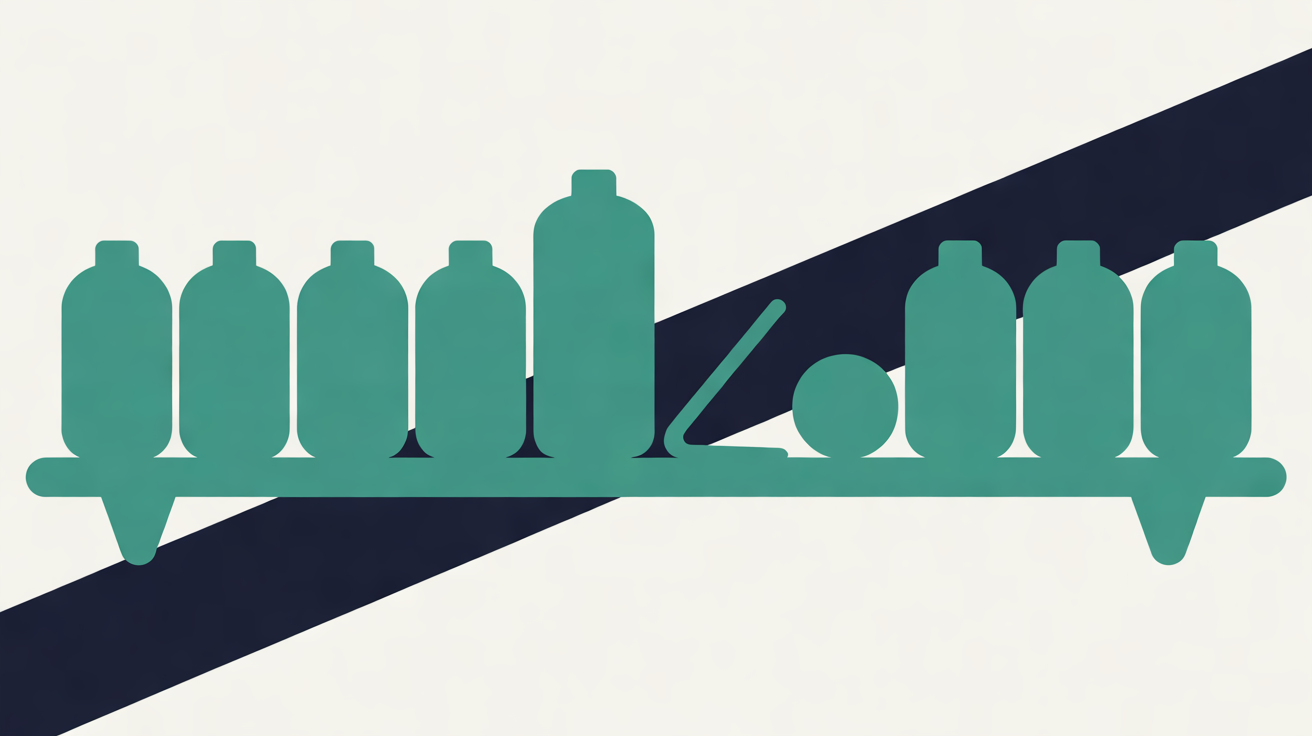 Flat illustration of a teal shelf of rounded product shapes with one gap where an item has toppled, crossed by a broad navy diagonal band on an off-white background