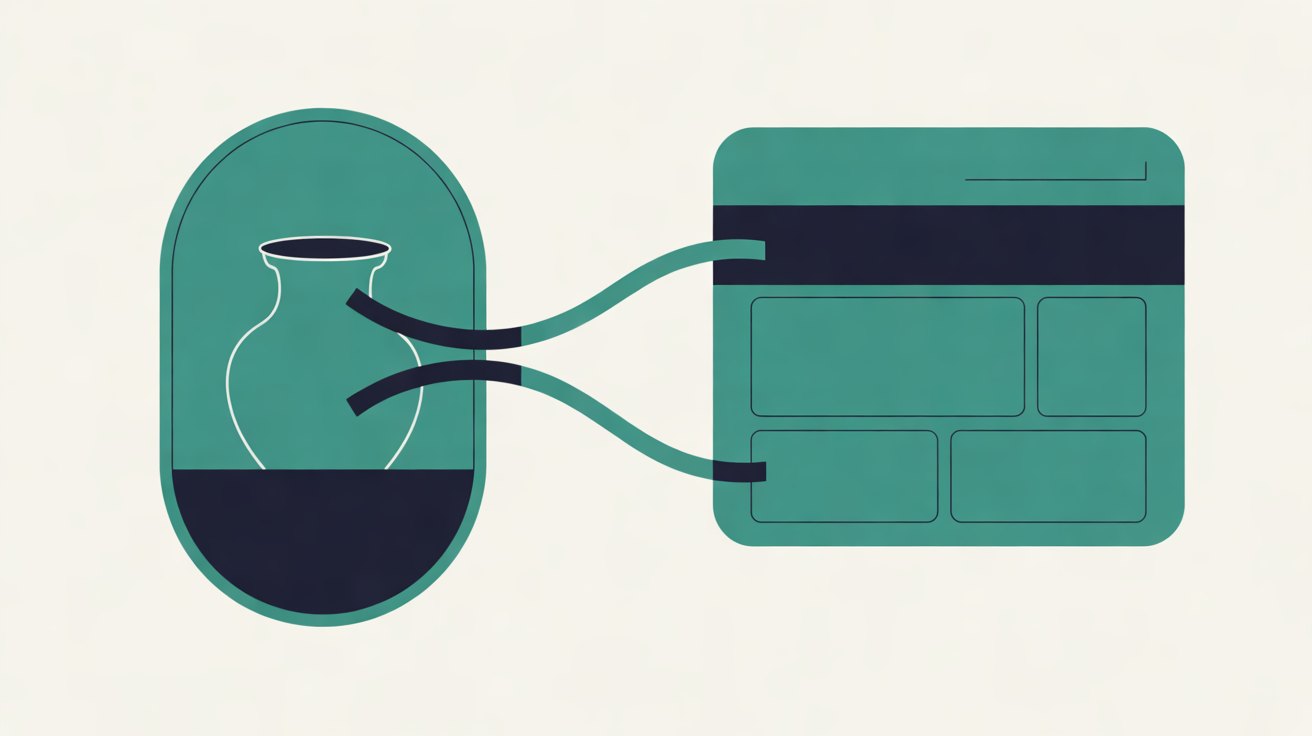 Flat illustration of a rounded phone frame showing a vase, joined by curved teal and navy lines to a simple webpage layout