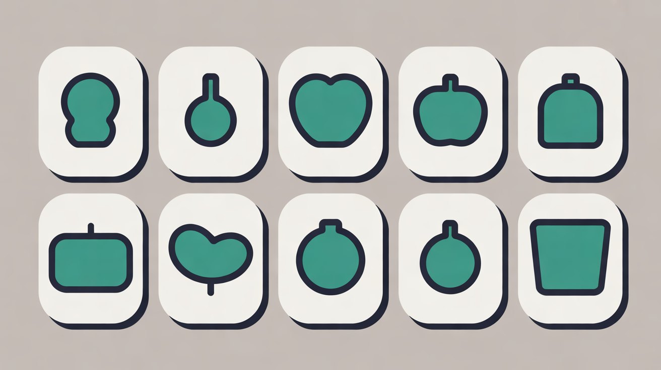 Two rows of rounded white cards on a grey background, each holding one simple teal object outlined in navy
