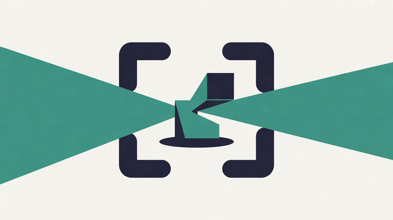 Flat illustration of navy camera viewfinder brackets framing a simple teal and navy object, with teal beams crossing behind it