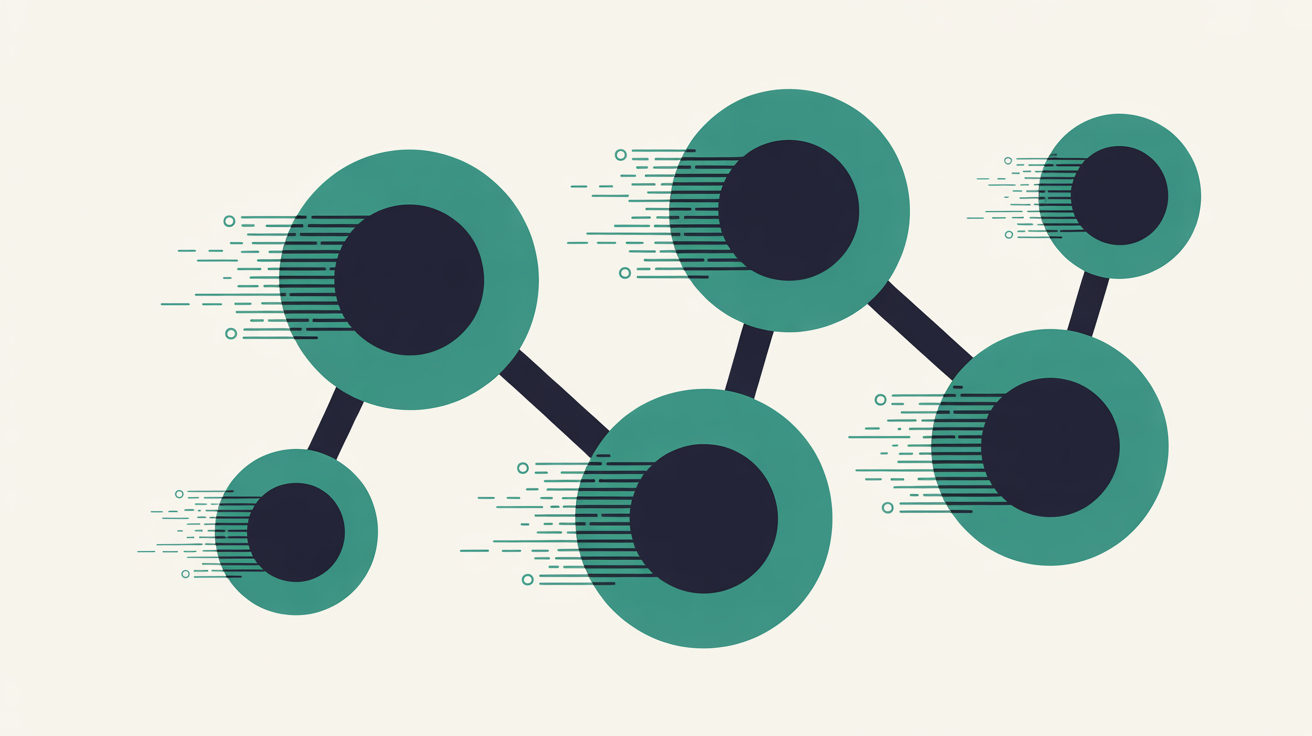 Abstract teal nodes connected by flowing lines on warm grey background representing web performance metrics