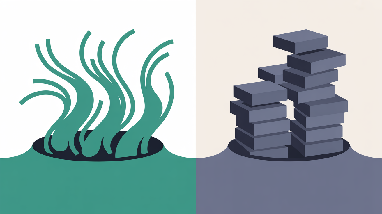 Abstract flat illustration of two contrasting data flows: fast thin teal lines flowing freely on one side, and slow heavy grey geometric blocks on the other, representing the performance gap between mobile-optimised and unoptimised sites