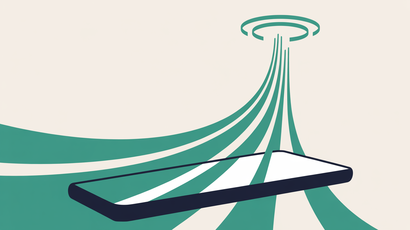 Abstract illustration of teal network lines flowing upward from a smartphone silhouette toward circular nodes on a warm grey background