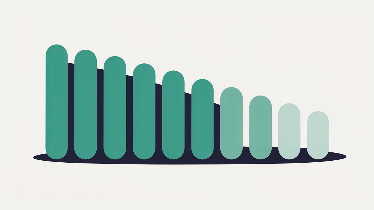 Flat illustration of a row of vertical teal bars descending in height and fading to pale on a warm stone background