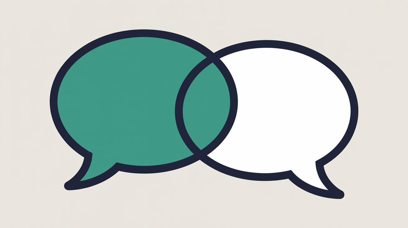 Two overlapping rounded speech bubble shapes in teal and warm grey, one solid and one outlined, on a warm stone background