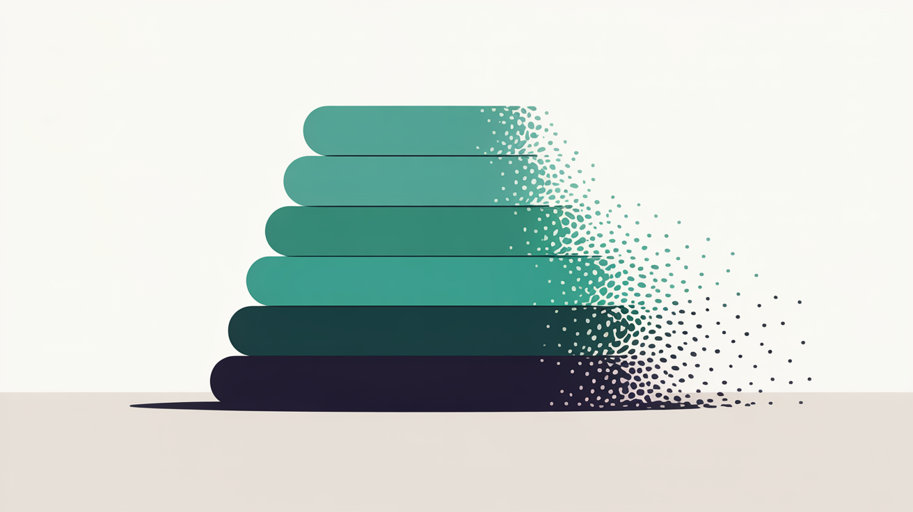 Flat illustration of a stack of rounded teal and navy bars dissolving into scattered dots at one edge, on a warm stone background