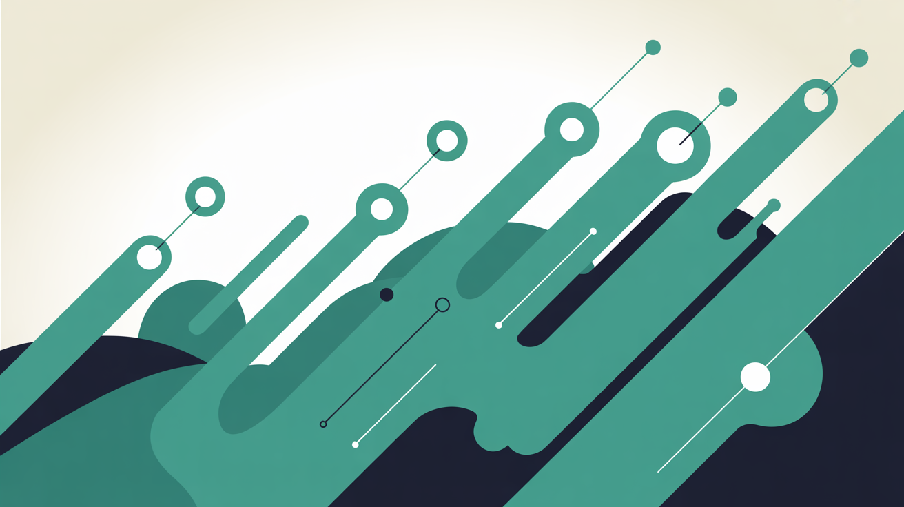Abstract teal data flow lines and geometric nodes on warm stone grey background representing website performance analytics