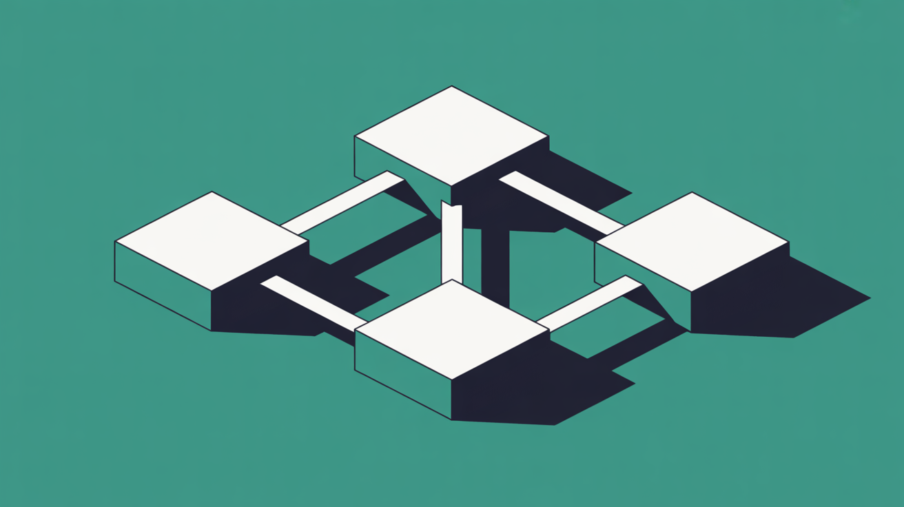 Abstract flat illustration of three interconnected geometric blocks with clean teal accent lines on a warm stone grey background, representing organised search performance data