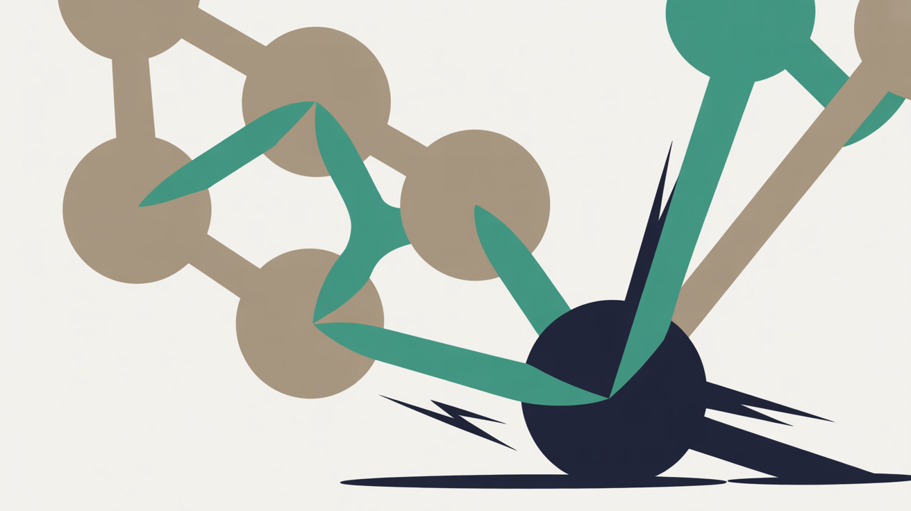 Abstract network of connected nodes with one highlighted slow node pulling down the entire cluster, teal on warm grey