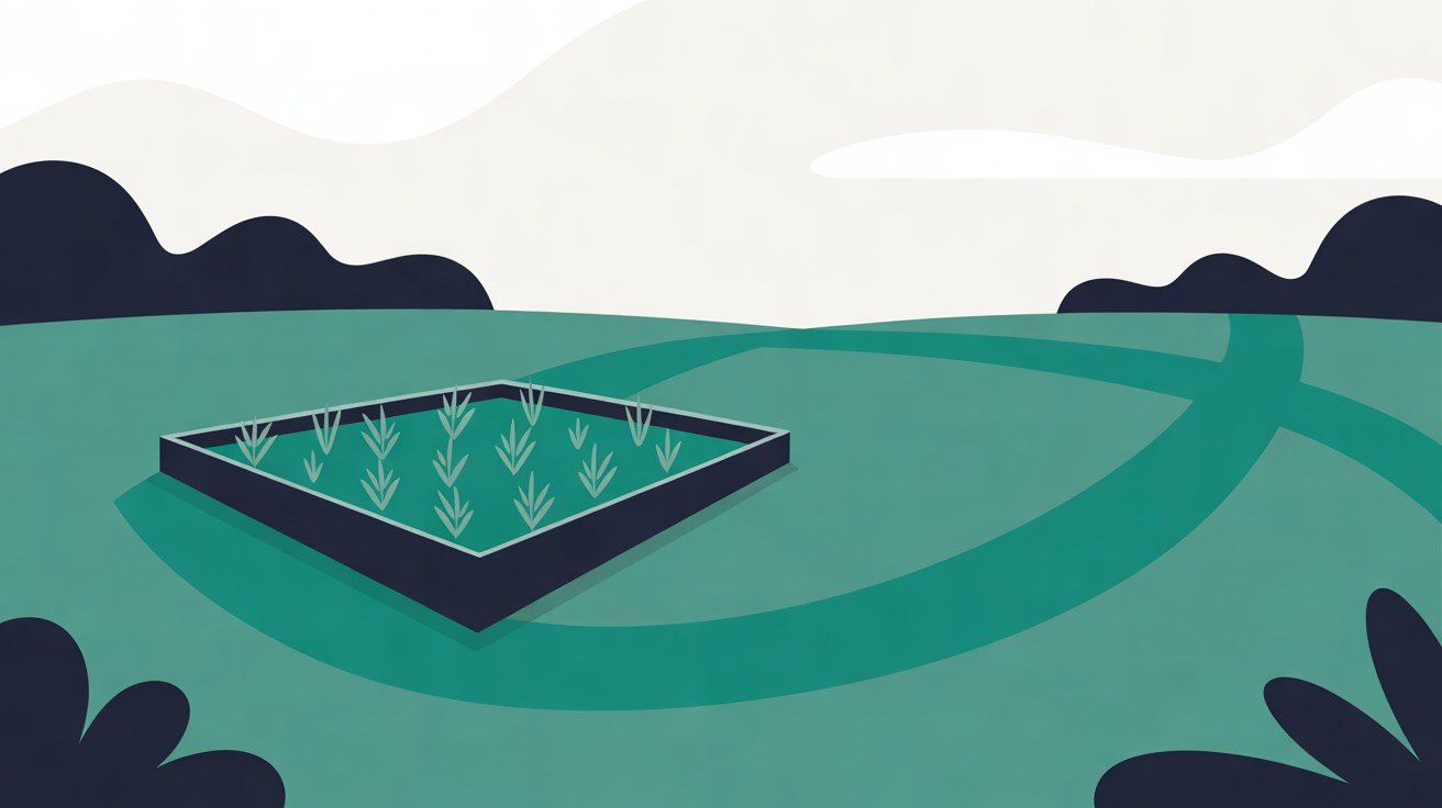 Flat illustration of a small walled bed of teal seedlings sitting in a wide open green field crossed by curving teal paths, with navy shrubs at the edges