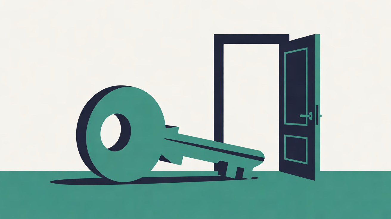 Flat illustration of a teal key resting on a warm grey surface beside an open doorway framed in deep navy