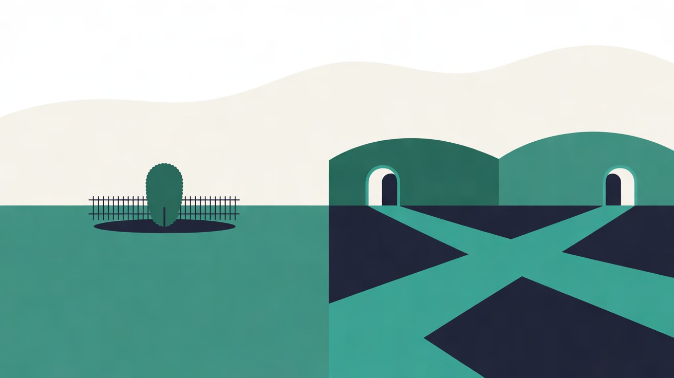 Flat illustration of a small fenced plot with a single hedge on one side and wide teal paths crossing towards arched doorways in green hills on the other