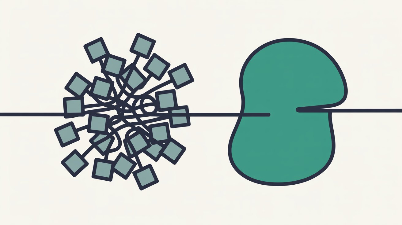 Flat illustration contrasting a dense cluster of grey interconnected blocks with a single clear teal shape linked by one direct line