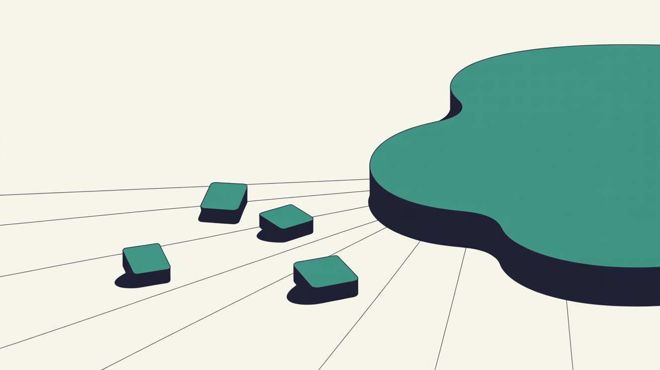 Flat illustration of several small teal shapes converging along clean lines toward one solid anchored form on a warm off-white background