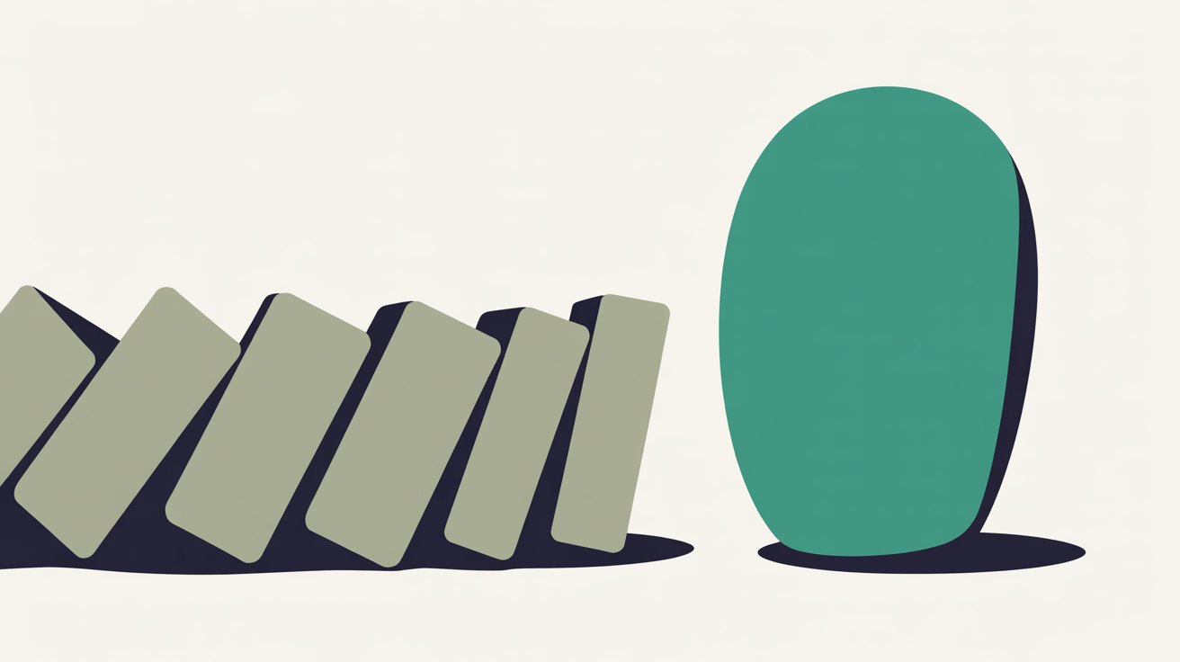 Flat illustration of one solid teal shape standing apart from a row of overlapping grey blocks on a warm off-white background