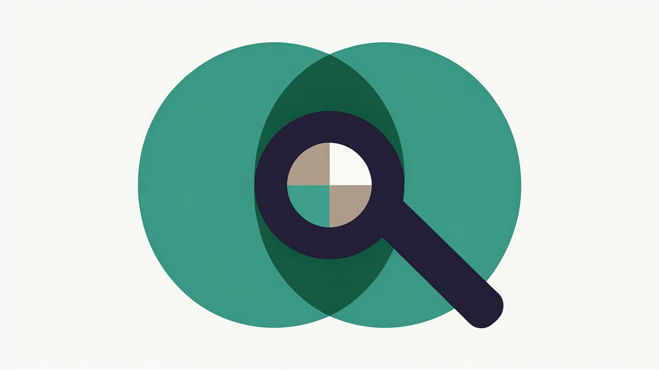 Abstract flat illustration of overlapping teal circles forming a magnifying glass shape over a small warm grey square, suggesting diagnosis and investigation