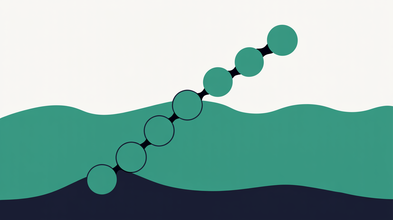 Abstract flat illustration of scattered teal nodes reconnecting into a single upward flowing line on a warm grey background, suggesting recovery and clarity