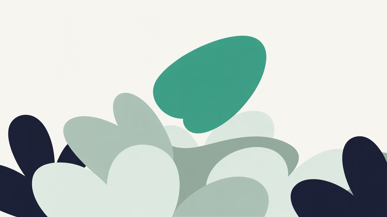 Abstract flat illustration of a single small teal shape being separated out from a larger cluster of grey shapes on a warm stone background