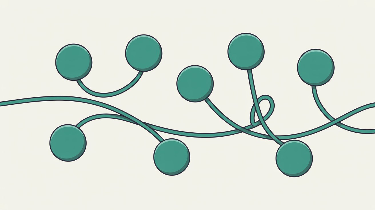 Flat abstract illustration of a winding teal path connecting a series of identical circular nodes across a warm stone grey background