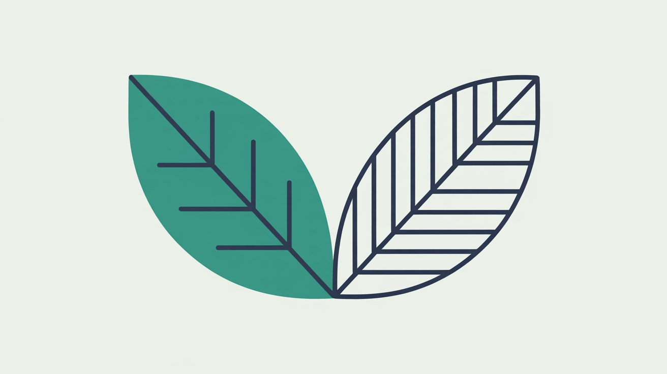 Flat abstract illustration of a single teal leaf-like shape resolving into clean geometric lines on a warm stone grey background