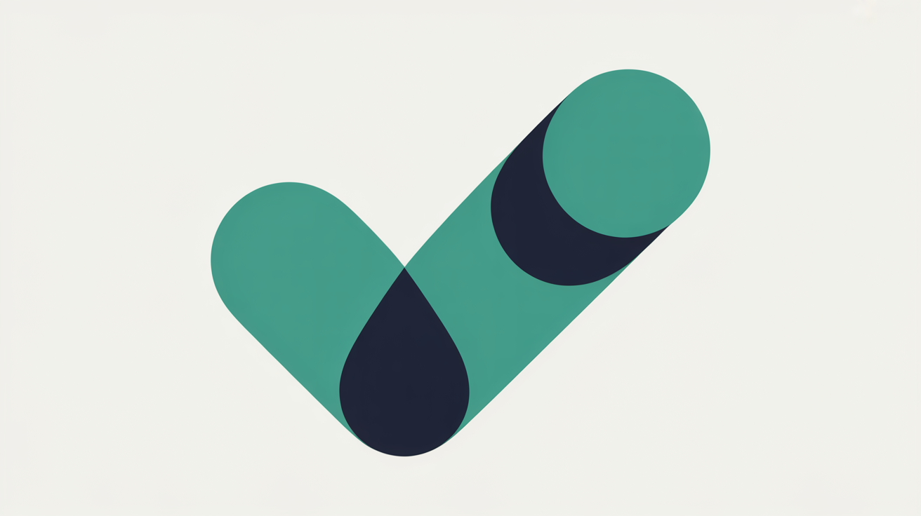 Abstract illustration of a checklist shape formed from overlapping teal circles on a warm grey background
