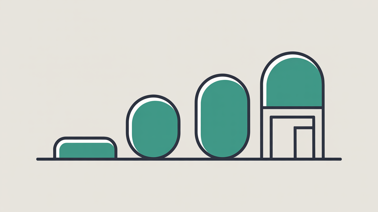 Abstract illustration of four connected teal stepping shapes leading toward a small storefront outline on a warm grey background